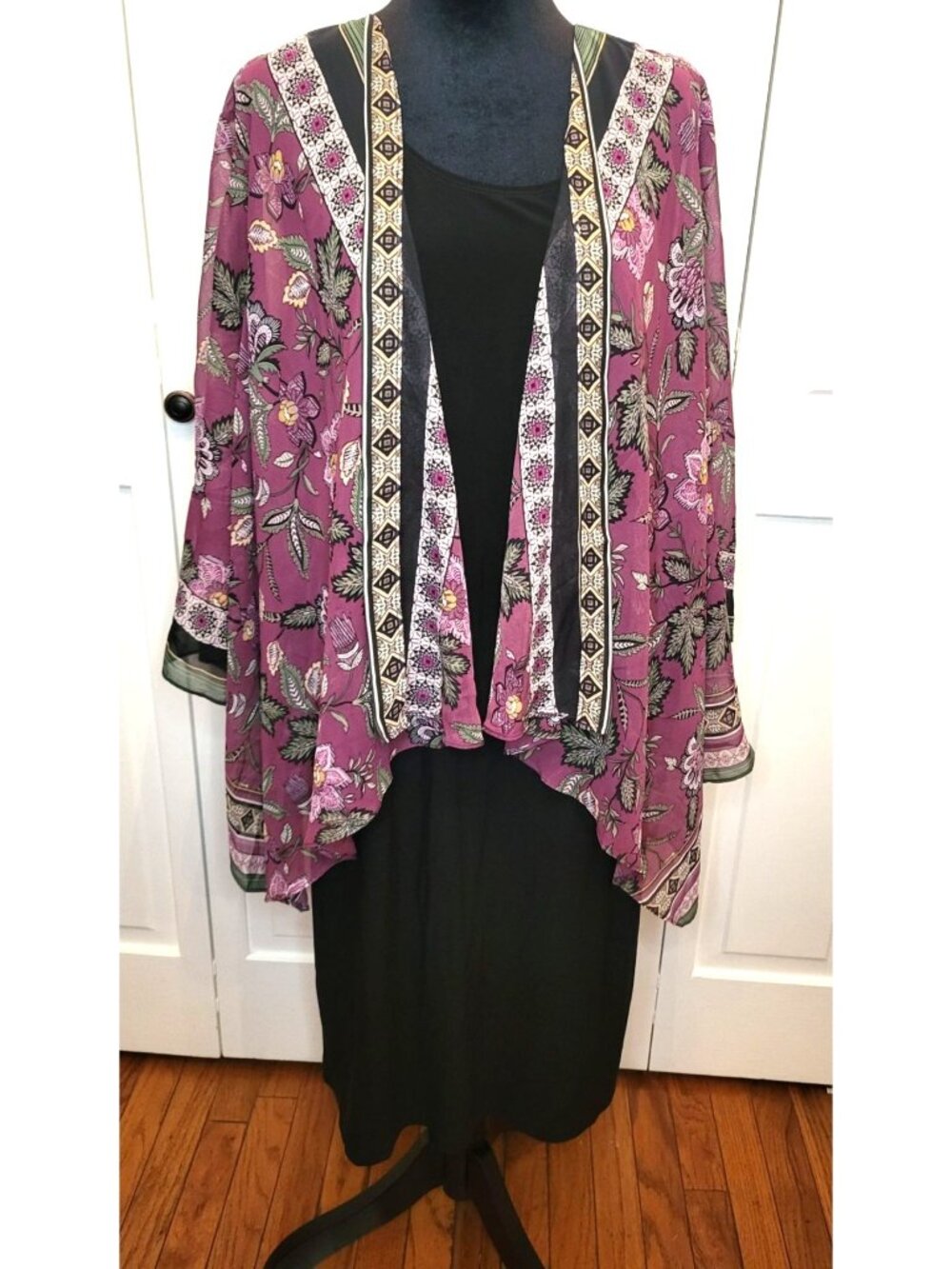 Sandra Darren XL Layered Look Black Magenta Kimono Dress Boho Whimsygoth Modest